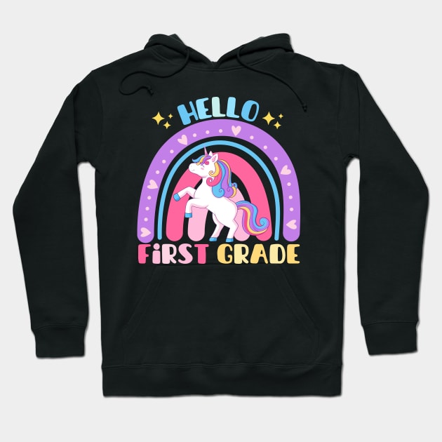 First Day of School Hello 1st Grade Unicorn Back to School Hoodie by IYearDesign